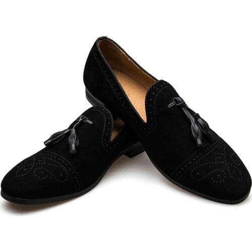 MEIJIAN Handmade Black MenS Loafers Fashion Party And Wedding Men Velvet Shoes Smoking Slippers Loafers Men Shoes