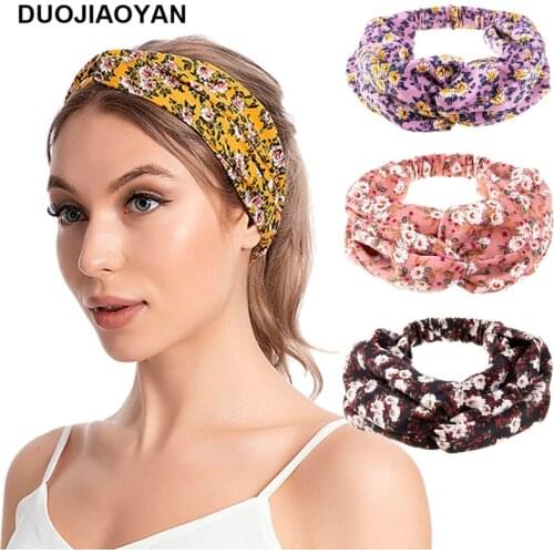 DUOJIAOYAN New Knotted Wide Elastic Hair Accessories Women Sports Flower Print Hairband Chiffon Floral Cross Headband