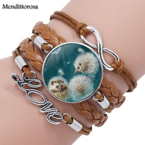 Mendittorosa Hedgehog Brand Glass Cabochon Multilayer Black/Brown Leather Bracelet Bangle Jewelry Gift For Her