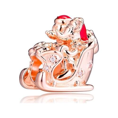 Fashion Rose Golden Jewelry Mouse Couple Christmas Sleigh Charm Beads for Silver 925 Original Charms Bracelets DIY Jewelry