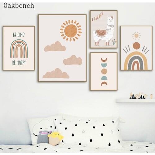 Boho Wall Art Painting Nursery Art Print Rainbow Sunshine Canvas Poster Alpaca Prints Nordic Wall Pictures Baby Room Decoration