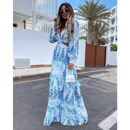 New Spring and Summer Ladies Dresses European/ American Printing Fashion Hollow Casual Plant Flower Womens Long Skirt WE181