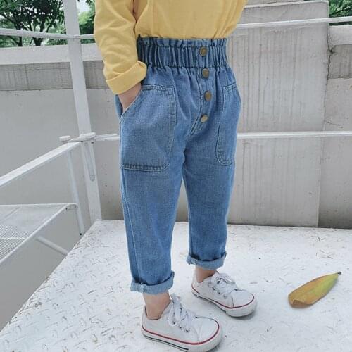 0-5Y Casual Kids Girls High Waist Jeans Pants Elastic Buttoned Waist Loose Long Trousers with Pockets