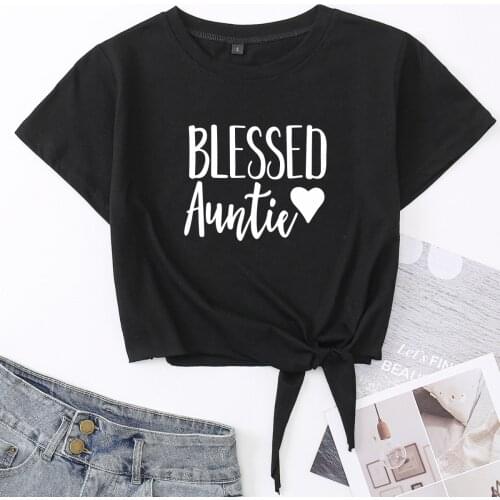 Blessed Auntie Heart Aunt Top Crop Top Womens Summer Short-sleeve Print Cotton T-shirt Cropped Tops Graphic Tee with Front Knot