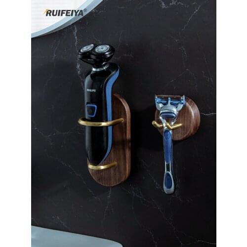 Solid Wood Shaver Holder Nordic Entry Lux Style Wall-Mounted Storage Rack Brass Manual Shaver Bracket Nail-Free Wall-Mounted