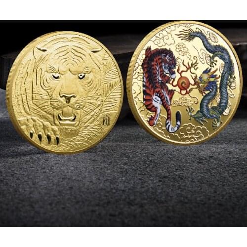 Good Luck To You Chinese Style Dragon and Tiger Commemorative Coins, Gold Coin Silver Coin Metal Badges Challenge Coins