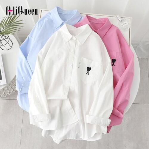Korean Fashion Women Long Sleeve Simple Embroidery White Blouses Female Casual Loose Pink Shirt Ladies Tops Plus Size Streetwear