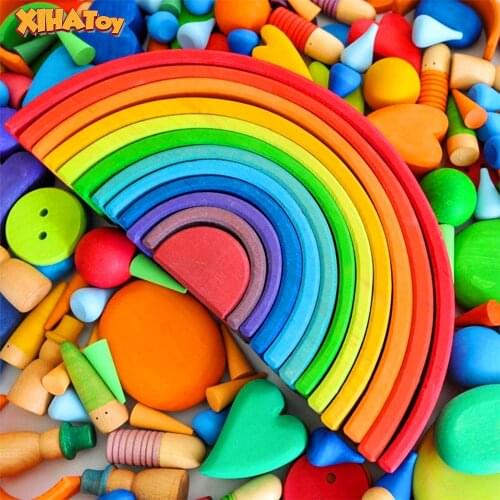XIHATOY Rainbow Blocks Wooden Toys For Kids Large Creative Rainbow Building Blocks 12pcs Montessori Educational Colorful Toy Set