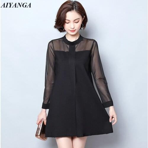 XL-5XL Women Dress 2019 Spring Summer Dresses Long Sleeve Patchwork Mesh Elasticity Plus Size A-Line Dresses Black Short Style