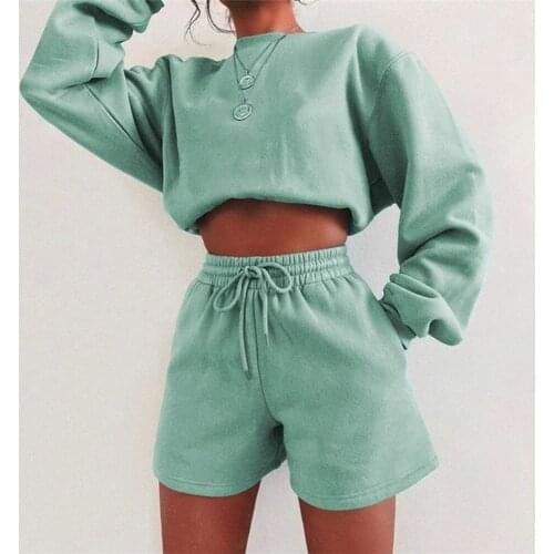 Letter Embroidery Women Loose Casual Sweatshirt Fleece Pullovers And Drawstring Shorts Two Pieces Set Thick Tracksuit