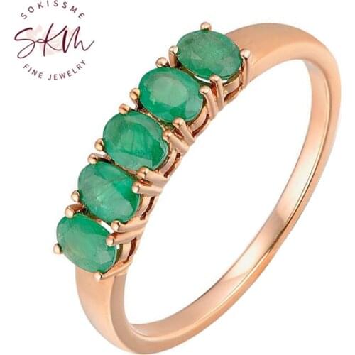 SKM flower Emerald Rings For Women Genuine 14K 585 Rose Gold Ring Magic Emerald Engagement Anniversary Round Rings