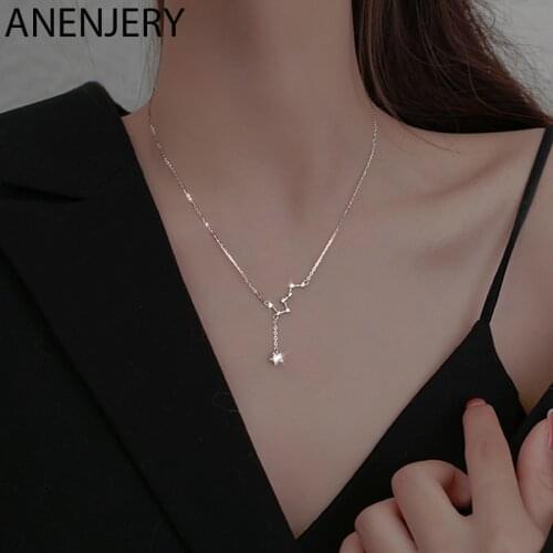 ANENJERY 925 Sterling Silver Big Dipper Star Tassel Zircon Necklace for Women Exquisite Chain Light Luxury Niche Design Jewelry