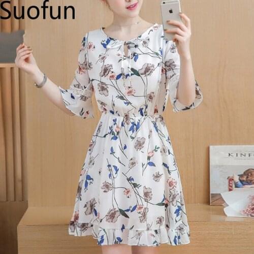 Suofun Casual O-neck Loose Women Sexy Half Sleeve 2021 Knee-Length Fresh Flower Floral Chiffce Flower Print Tops Summer Dress