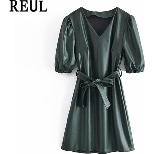 REUL Za 2021 Women Fall Fashion Leather Green Belt Mini Dress Vintage Short Sleeve Side Zipper Female Dresses Vestidos Mujer