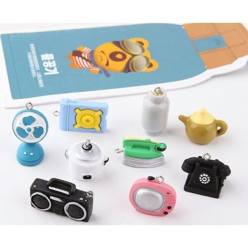 10PCS Life Fun Fan Resin Charms Iron Teapot Vintage TV Telephone Radio Pendants Floating DIY Jewelry Keychain Accessories FX826