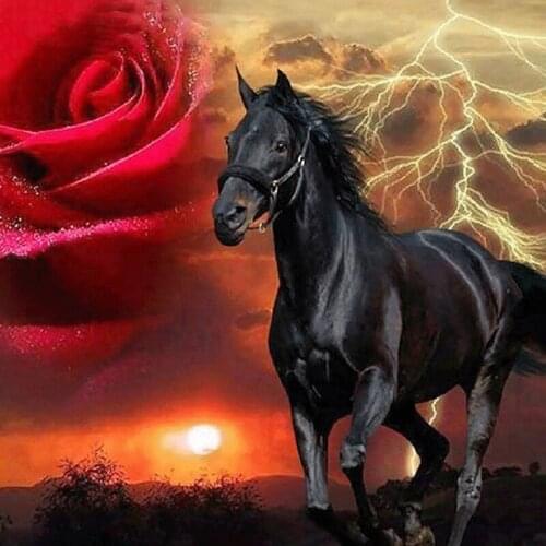 Full 5D Diy Daimond Painting Black Horse Diamond Painting Mosaic Round Rhinestones Diamant Painting Embroidery Animal Wall Decor