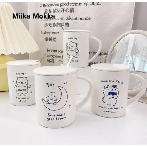 White Kawaii Animal Ins Ceramic Cup Ins 350ml Cute Student Korean Style Cute Cartoon Mug with Lid spoon Milk Water Coffee Cup