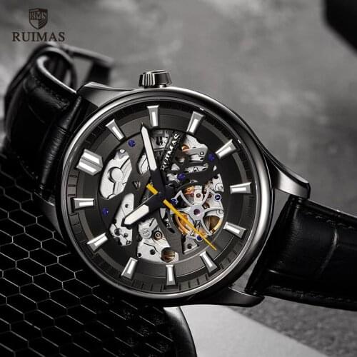 RUIMAS Automatic Watches Men Luxury Waterproof Mechanical Wristwatch Genuine Leather Strap Skeleton Clock Relogio Masculino 6770