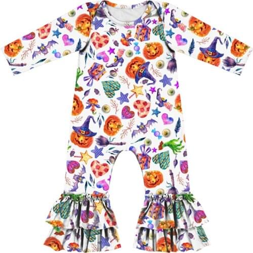 Kids Toddler Halloween ruffle Romper Cartoon Pumpkin Print Round Neck Long Sleeve Jumpsuit for Fall 1-6 Years