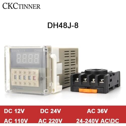 DH48J-8 Electronic preset digital counters acyclic display counters 1-999900 relay 8PIN with base DC12V/24V/36V AC110V/220V/380V