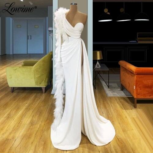 Feather One Shoulder Feather Prom Dresses Mermaid Dubai Arabic Party Gowns 2020 Couture Robe De Soiree Long Evening Dress Custom