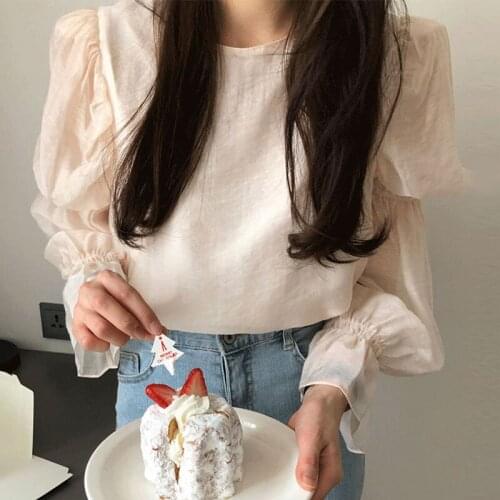 Elegant Sexy Backless Bow Lace Up Korean Blouse Spring O Neck Blouse Women Simple OL Puff Long Sleeve Shirt Blusas Mujer 14368