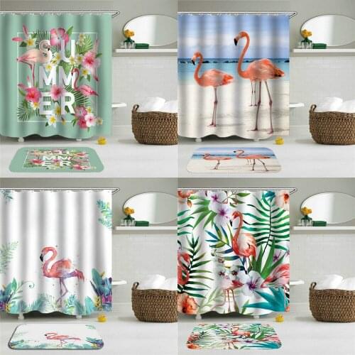 2Pcs/Set Flamingo Shower Curtain Mat Set Printed Waterproof Bathroom Cloth With Non-slip Floor Toilet Bath Curtain Set
