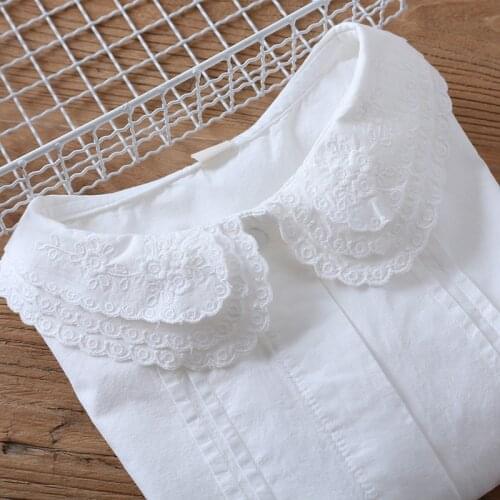 Lamtrip Solid White Sweet Layers embroidery Peter Pan Collar Single Breasted Long Sleeve Cotton 100% Kawaii Shirt Blouse New