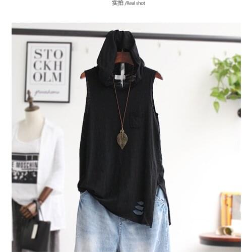 Summer new style Korean womens loose and thin literary solid color hooded bamboo cotton outer vest suspender bottoming shirt