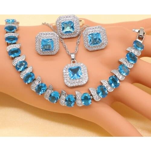 Sterling Silver Jewelry Sets Sky Blue Stones Cubic Zirconia Jewelry Sets For Women Earrings/Pendant/Necklace/Ring/Bracelet