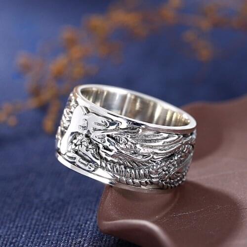 New Handmade Silver Ring Retro Personality Domineering Trend Time Lucky Dragon Mens Rotatable Ring Jewelry Trend