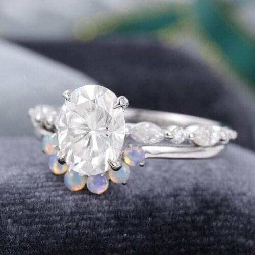 EDI Oval Cut Moissanites Engagement Ring Natural Opal Curved Wedding Ring Band 585 Solid 14k White Gold Bridal Set Jewelry Gift