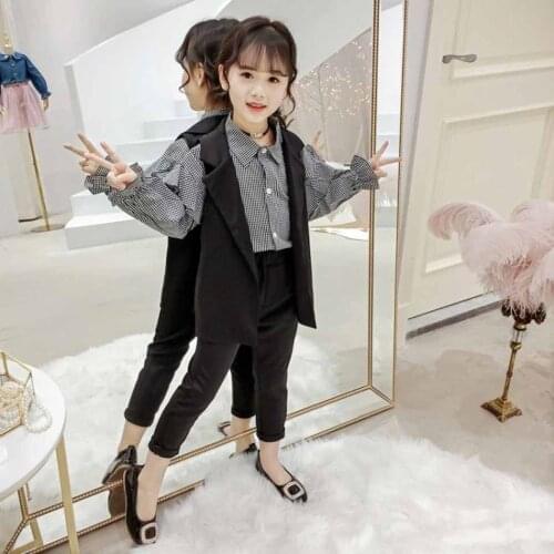 Girls Clothes Solid Spring Sleeveless Coats+ Shirt + Pants 3PCS Suit Teen School Clothes For Girls 8 10 12 14 Years Clothes Set