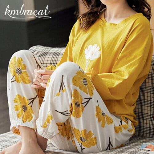 Pajamas for Women Autumn Little Daisy Cotton Long-Sleeved Trousers Pajama Homewear Casual T-shirts Two Piece Set Plus Size 3xl