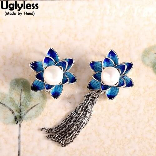 Uglyless Natural Pearls Lotus Flower Pendants for Women Ethnic Enamel Blue Floral Lotus Necklaces NO Chains 925 Silver Tassels