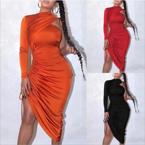 Casual Solid Full Sleeve Hollow Out Bandage Evening Party Club Pleated Midi Dress Women Elegant Autumn Street Dresses Vestidos
