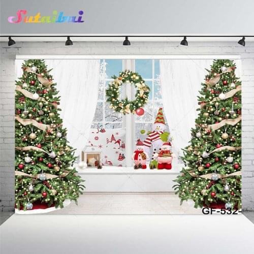 Christmas Holiday Party Backdrop Winter Snow Window Snowman Pillow Wreath Xmas Trees Indoor Photography Decoration Background