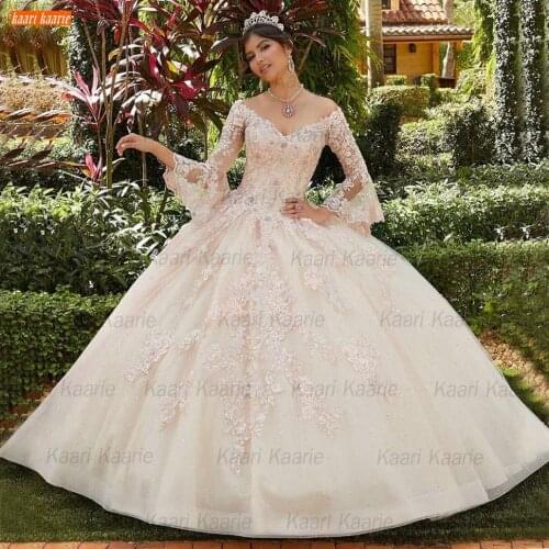 Gorgeous Pink Wedding Gowns Lace Up Appliqued Beaded Ball Gown Bridal Dresses Long Sleeves Fluffy Custom Made Vestidos De Noiva