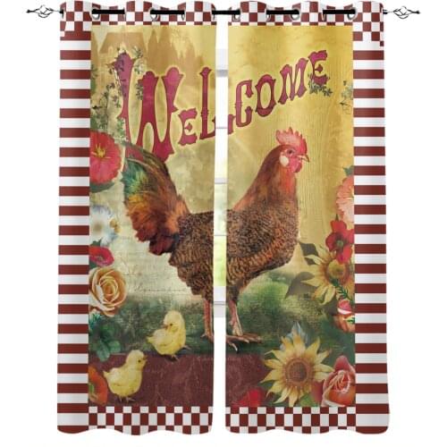 Rosette Rooster Chick Vintage Window Curtains Home Decor Curtains for Living Room Bedroom Kitchen Items Christmas Curtains