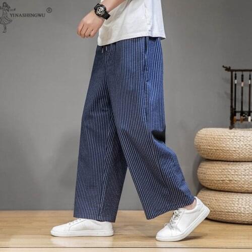 Japanese Style Men Linen Pants Samurai Costume Yukata Kimono Striped nine-point Loose Wide Leg Trousers Male Summer Streetwear