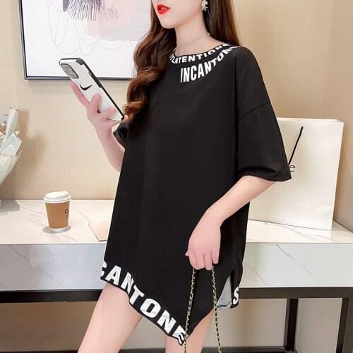 Summer New Korean Loose Large Ins Print Letter Medium Length Stitched Irregular Short Sleeve T-shirt Women Graphic Tee
