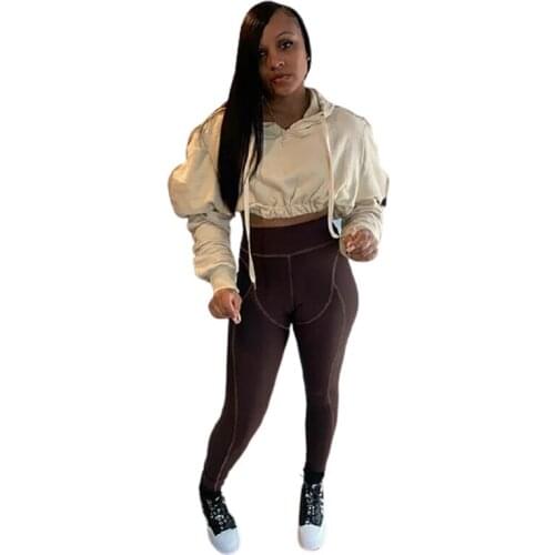 Women Solid Thick Hoodies Beige Loose Oversized Hooded Cropped Sweatshirt Autumn Winter Long Sleeve Short Pullover Sweatshirts