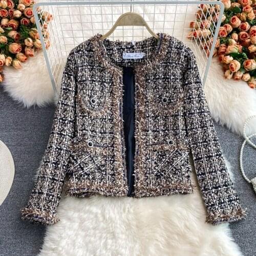 2021 Autumn new design womens o-neck long sleeve plaid pattern tweed woolen lurex jacket coat casacos ML
