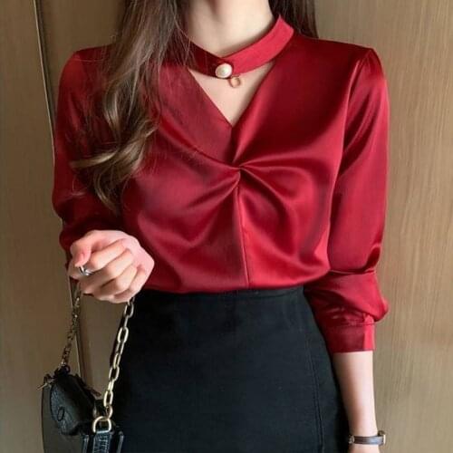 Womens Spring Summer Style Chiffon Shirt Womens O-neck Solid Color Button Long Sleeve Korean Casual Tops DD8484