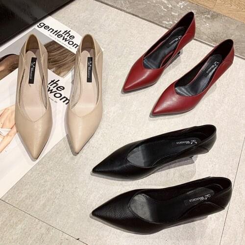 Women pointed toe ol shoes v-open soft pu leather woman pumps 2020 solid spring autumn stiletto high heels tacones work shoes