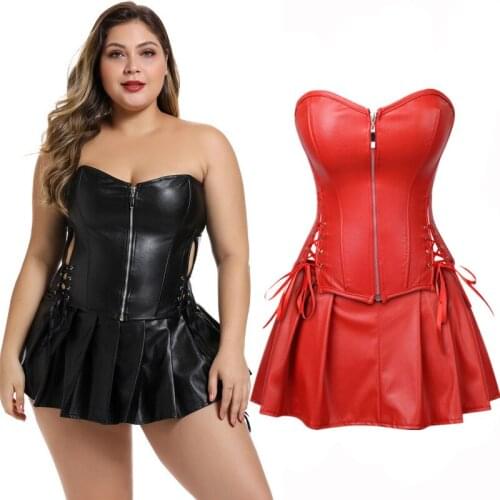 Plus Size Push Up Women Faux Leather Corset Dress Set Gothic Punk Front Zipper Corset With Pleated Mini Skirt