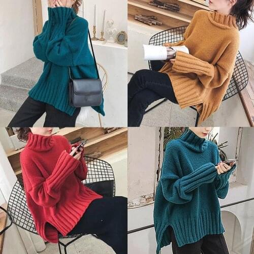Women Knitted Foldover Turtleneck Sweater Autumn Winter Long Sleeve Turtleneck Split Hem Knitted Pullover Female Quality Sweater