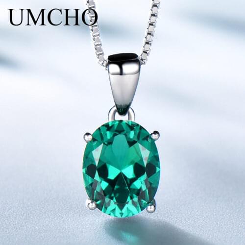 UMCHO Real 925 Sterling Silver Oval Green Emerald Gemstone Pendant Necklace For Girl Women Gift Party Fashion Fine Jewelry