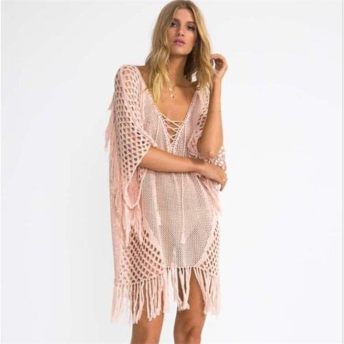 Female Beach Dress Cover Up Tunic Pareo Crochet Knitted Beachwear Net Cover-Up Swimwear Women Dress Tassle Batwing Sleeve Kimono
