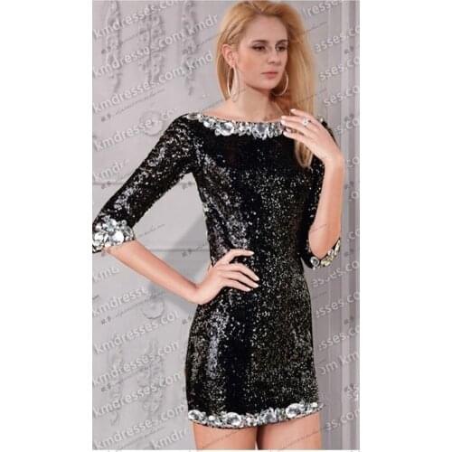 Short vestido de novia with half sleeve crytsal Women Sexy backless black sequined New Arrival Party Gown bridesmaid dresses